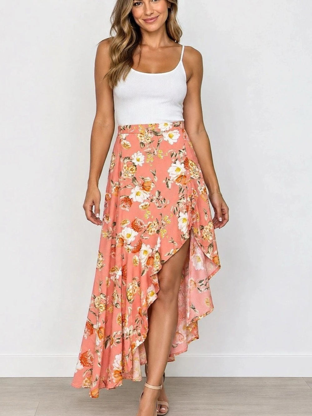 Forever 21 Floral High Low Ruffle Wrap Skirt Coral Pink Size M